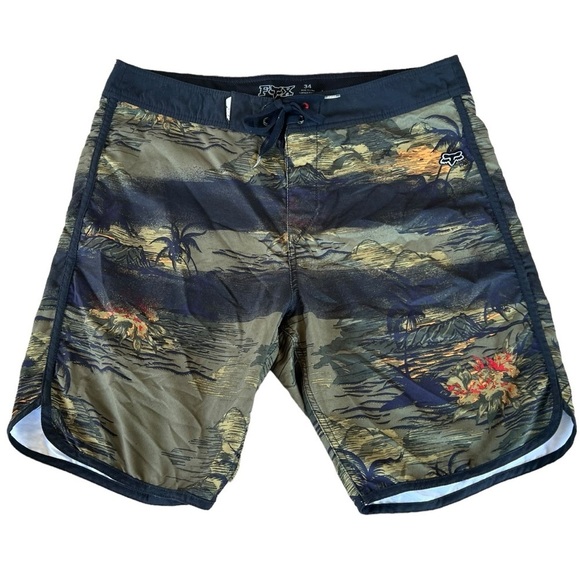 FOX Racing Dark Hawaiian Tropical Boardshorts Green Black 9” Inseam Size 34 GUC - Picture 1 of 9